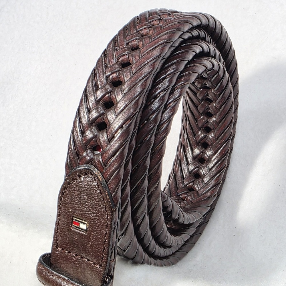 Tommy Hilfiger Braided Belt Brown Leather & Synthetic Mens 50-52 Brass Buckle